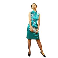 Handmade Premium Silk Evening Dress Short Elegant Sky-Blue Mandarin Collar Qipao Cheongsam Tailor Made 104