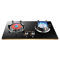 2 Burners Gas Hob, Drop-in Gas Cooktop with 188 Min Timer, Tempered Glass Gas Stovetop Cooktop, Thermocouple Protection, Easy to Clean, Black