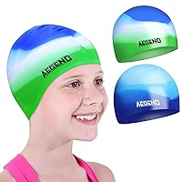 Aegend 2 Pack Kids Swim Cap for Age 4-12, Durable Silicone Swimming Cap for Boys Girls Youths, Comfortable Fit for Long/Short Hair