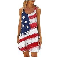 Womens July 4th USA Flag Elastic Crewneck Cami Dress Summer Sleeveless Fashion Patriotic Tunic Swing Mini Dresses