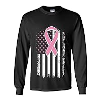 Pink Ribbon Distressed Flag Long Sleeve Novelty T-Shirt Breast Cancer Awareness