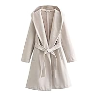 Womens Wool Blend Hooded Coats Long Sleeve Belted Trench Coat Casual Open Front Cardigan Jackets Overcoat