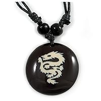 Unisex Black/White Resin Medallion 'Dragon' Cotton Cord Pendant - Adjustable