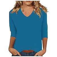 Clothes for Women, Half Sleeve Tops for Women Women Tops Dressy Casual Three Quarter Sleeve Blouse Women's Summer V-Neck Tunic Trendy Tee Print 2024 Slim Tshirt Tops Open Back (Blue,Large)