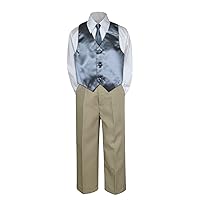 4pc Formal Baby Toddler Boy Dark Gray Vest Necktie Set Khaki Pants S-7 (L:(12-18 months))