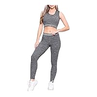 Women 2 Piece Athletic Outfits Crop Top Ladies Ribbed Elasticated Yoga Leggings Gym Activewear Tracksuits Sets