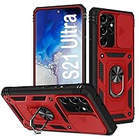 PASNEW for Samsung Galaxy S21 Ultra Case,Finger Ring Kickstand & Camera Cover Slide & Charge Port Dust Plug,Military Heavy Duty Full Body Shockproof Protective Hard Shell S21Ultra,6.8 inch,Red