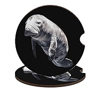 Manatee Round Wooden Coasters Cute Absorbent Drink Cup Holder Beverage Coasters Decorative