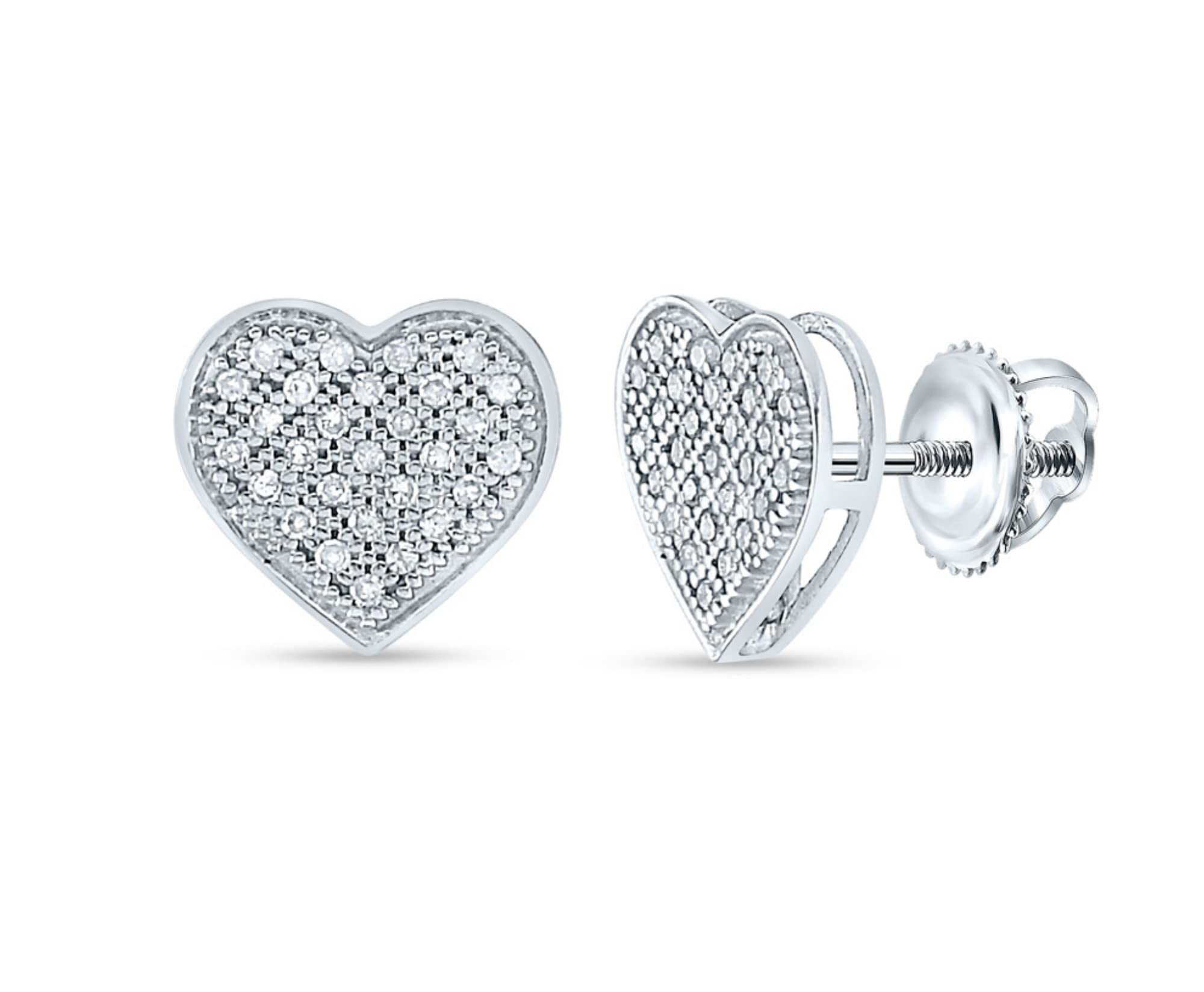 Macey Worldwide Jewelry 10K White Gold Diamond Heart Screwback Earrings 1/6 Ctw.
