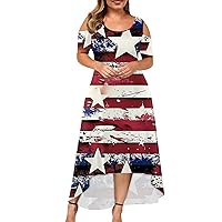 Women's 4Th of July Outfits Large Size Short Sleeve Fashion Print Round Neck Strapless Irregular Dress, XL-5XL