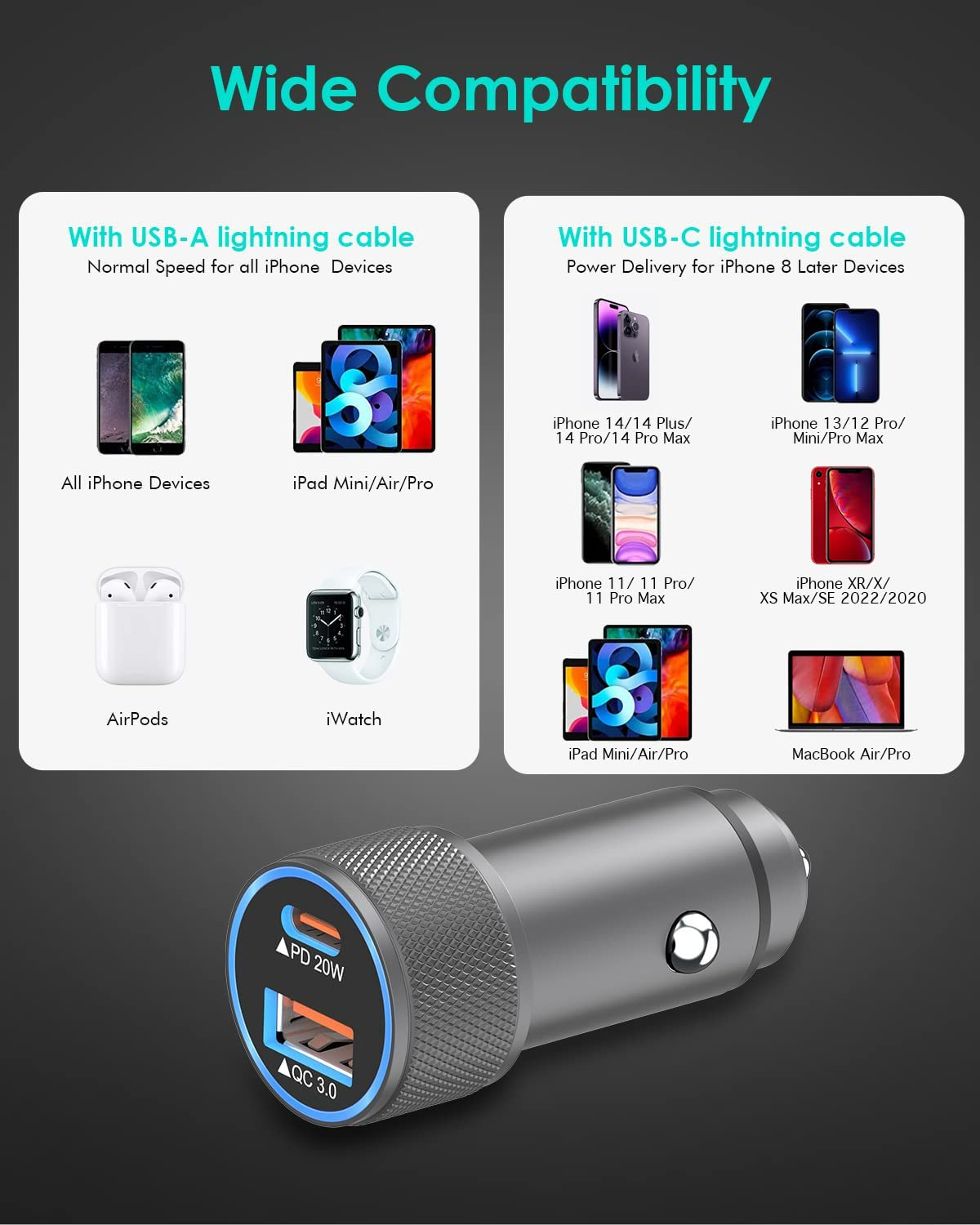 iPhone Car Charger,USB C Fast Car Charger[Apple MFi Certified] Apple Car Charging 38W Dual Port Car Charger Cigarette Lighter Adapter 2x3ft PD&QC 3.0 Lightning Cable for iPhone 13/12/12 Pro/11/Airpods
