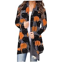 Women's Pumpkin Cat Cardigan Halloween Long Sleeve Open Front Knit Sweater Overwear Coat Plus Size Sweatshirt cloche