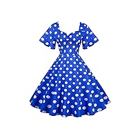EFOFEI Women's Summer Polka Dot Swing Dress Puffy Short Sleeve 1950s Flared Dress V Neck Aline Cocktail Dress