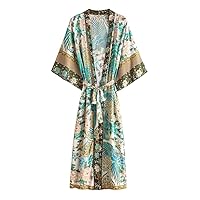 Women Floral Print Bat Sleeve Beach Bohemian Kimono Robe Ladies V Neck Tassel Summer Happie Dress Vestidos
