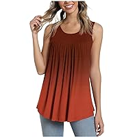 Womens Round Neck Sleeveless Shirts Trendy Gradient Pleated Tops 2024 Summer Casual Beach Tank Top Flowy Tunic Tee