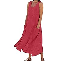 Eyelet Dress for Women Loose Scoop Neck Sleeveless Pleated Flowy Maxi Dresses Casual Summer Beach Sundress with Pockets