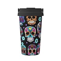 Sugar Skull Print Travel Coffee Mug Leak-Proof Thermos Mug Insulated Tumbler, For Office Camping