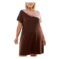 Womens Brown Cut Out Color Block Short Sleeve Crew Neck Above The Knee Wear to Work Shift Dress Plus 3X