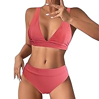 Swimsuits Tops for Women Supportive Piece Retro Ruched Wrap Front High Waist Print Bikini Set