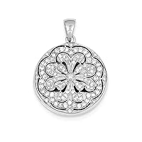 Sterling Silver Cubic Zirconia Circle W/Flower Design Locket Pendant Necklace w/Chain