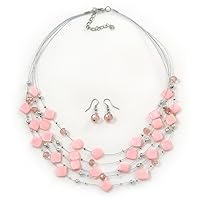 Avalaya Baby Pink Square Shell & Crystal Floating Bead Necklace & Drop Earring Set/52cm Long/ 6cm Extender