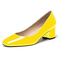 WAYDERNS Women's Yellow Square Toe Block Low Heel Slip On 2 Inch Patent Leather Chunky Pumps Shoes Size 11.5 - Zapatos de Vestir para Mujer
