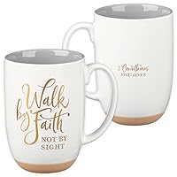 Christian Art Gifts Ceramic Scripture Coffee & Tea Mug Large 15 oz Inspirational Bible Verse Mug for Men & Women: Walk by Faith - 2 Corinthians 5:7 Lead-free, Clay Base & Gold, White & Gray