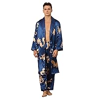 Haseil Men's Satin Robe with Pants Lightweight Printed Luxurious Spa Dragon Silk Bathrobe Kimono Set