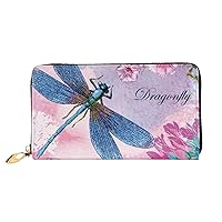 Long Leather Wallet for Women Credit Card Holder Coin Purse Zip Clutch Handbag Pink Flower and Dragonfly Wallet