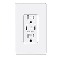 BESTTEN GaN 65W USB C Wall Outlet Receptacle for Laptop, Type C Supports Power Delivery 3.0, 15A Tamper-Resistant Outlet with Dual Ultra Fast Charging USB C Ports, ETL Listed, White