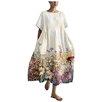 Dress for Women Summer 2024 Plus Size Japanese Art Watercolor Crewneck Short Sleeved Casual Hide Belly Sundress