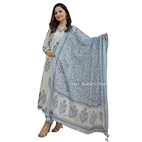 Women's Cotton Light Blue Floral Printed Straight Kurta with Pants and Printed Dupatta(M/38)
