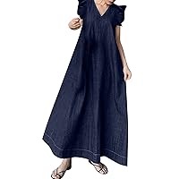Women's Summer Dresses 2024 Short Sleeve Wrap A-Line Flowy Dress Casual Beach Party Midi Sundresses