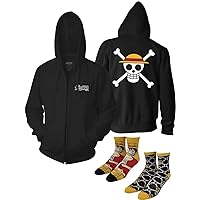 Ripple Junction One Piece Anime Fan Bundle: ADULT LARGE Men's Luffy Straw Hat Zip Hoodie and Luffy and Skull 2 Pack Crew Socks