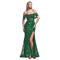 Women's Floral Mermaid Evening Dresses Sexy Off Shoulder Prom Dress with Side Slit