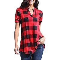 Andongnywell Women's Casual Short Sleeve Plaid Tunic T Shirt Plaid Printed V Neck Pullover Blouses Tops Blouse