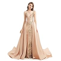 Womens Detachable Train Mermaid Spaghetti Strap Evening Dress Long Sleeve Sequins Formal Prom Party Celabrity Gown