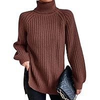 Women's Casual Warm High Necked Long Sleeved Split Hem Pullover Knit Sweaters