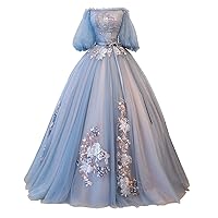 Girl's Appliques Tulle Puffy Quinceanera Dress Sweet 16 Prom Evening Birthday Party Ball Gown Lace-up