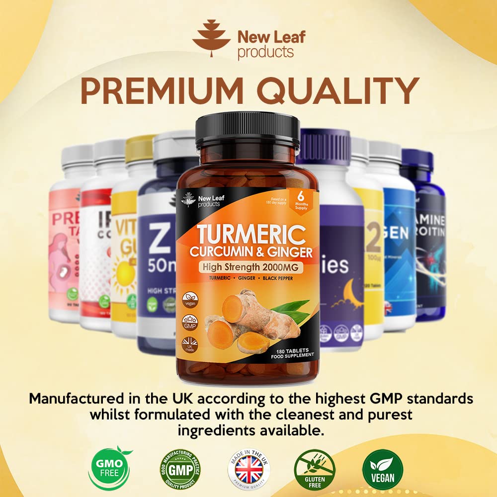 Turmeric Tablets 2600mg with Black Pepper & Ginger - 95% Curcumin Extract - 180 Turmeric and Black Pepper Tablets (3 Month) High Strength Active Turmeric Supplements Not Turmeric Capsules,by New Leaf