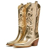 Women's Metallic Cowboy Boots Mid Calf Cowgirl Boots with Shiny Embroiderdy Pointed Toe Stacked Chunky Heel Pull On Tabs Sparkly Wide Western Boots for Party Wedding Concert