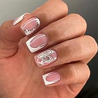 Glitter Valentine’s Day Press on Nails French Tip Fake Nails Short Coffin Square False Nails with Heart Designs Acrylic Artificial Full Cover Glue on Nails Stick on Nails for Women Manicure Decoration