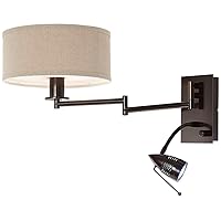 Possini Euro Design Radix Modern Swing Arm Adjustable Wall Lamp with Cord LED Bronze Plug-in Light Fixture Oatmeal Fabric Drum Shade Bedroom Bedside House Reading Living Room Home Hallway Dining