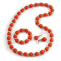 Avalaya Orange Wood and Silver Acrylic Bead Necklace, Earrings, Bracelet Set - 70cm Long