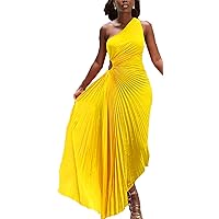 Womens Summer Maxi Dress 2023 Sexy One Shoulder Sleeveless Formal Boho Pleated Dresses