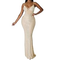 Womens Sexy V Neck Bodycon Sequin Gown Evening Dress with Slit Masquerade Dress Women Dress for Baptism for Women