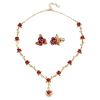 U7 Red Rose Necklace Stud Earrings Set