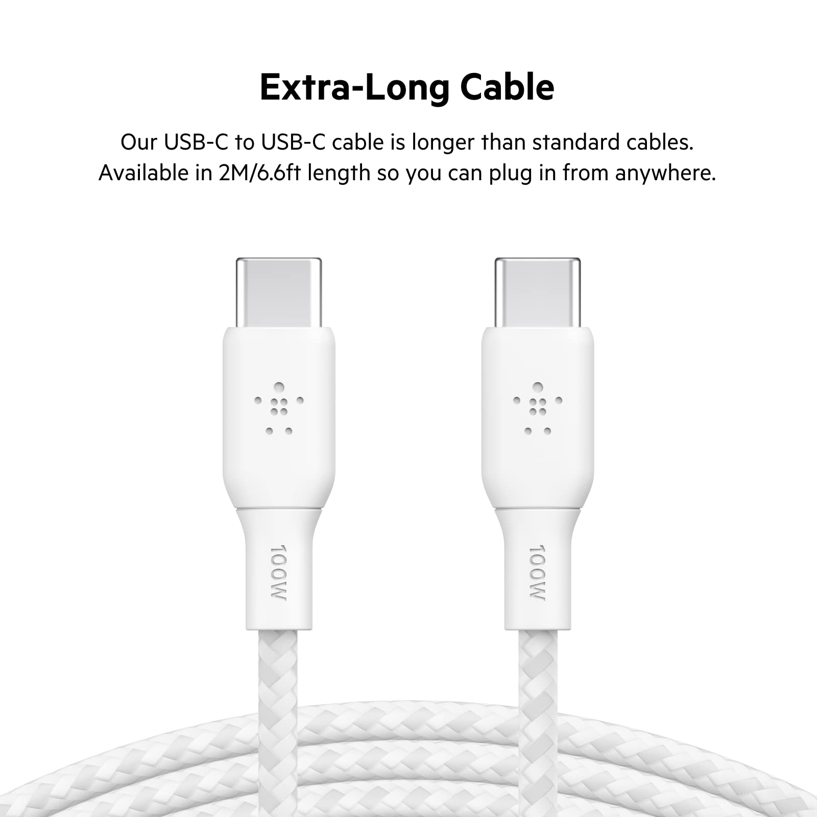 Belkin USB Type C to C Cable, 100W Power Delivery USB-IF Certified 2.0 Cable with Double Braided Nylon Exterior for iPad Pro, MacBook, Galaxy and More, 2M Cable Length, White