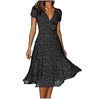 Women Casual Dress Summer Dress V Neck Solid Color Polka Dot Print Dress Short Sleeve Lace Up Tie Dress Fall