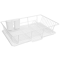 Sweet Home Collection Space-Saving 3-Piece Dish Drainer Rack Set: Efficient Kitchen Organizer for Quick Drying and Storage - Includes Cutlery Holder and Drainboard - Maximize Countertop Space, White